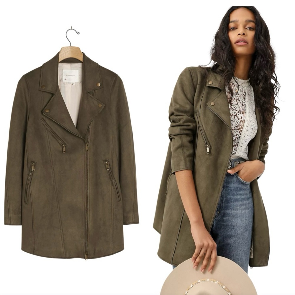 Anthropologie Ripley Moss Green Sueded Longline Moto Jacket